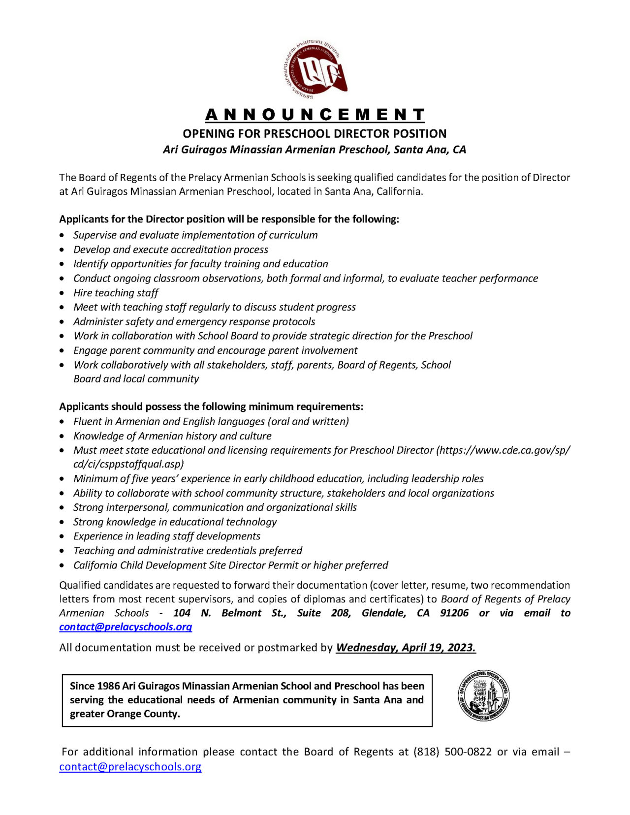 AGM Preschool Director Board of Regents